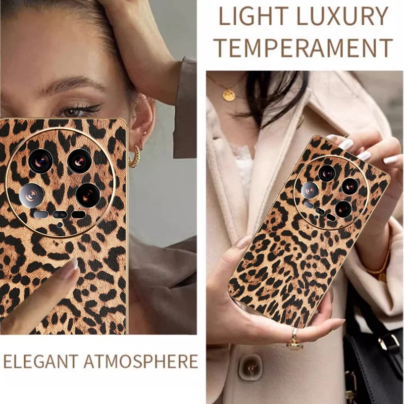 Étui pour Xiaomi 14 Ultra Impression léopard Revêtement en cuir PU PC + Housse de téléphone TPU Électroplaquage