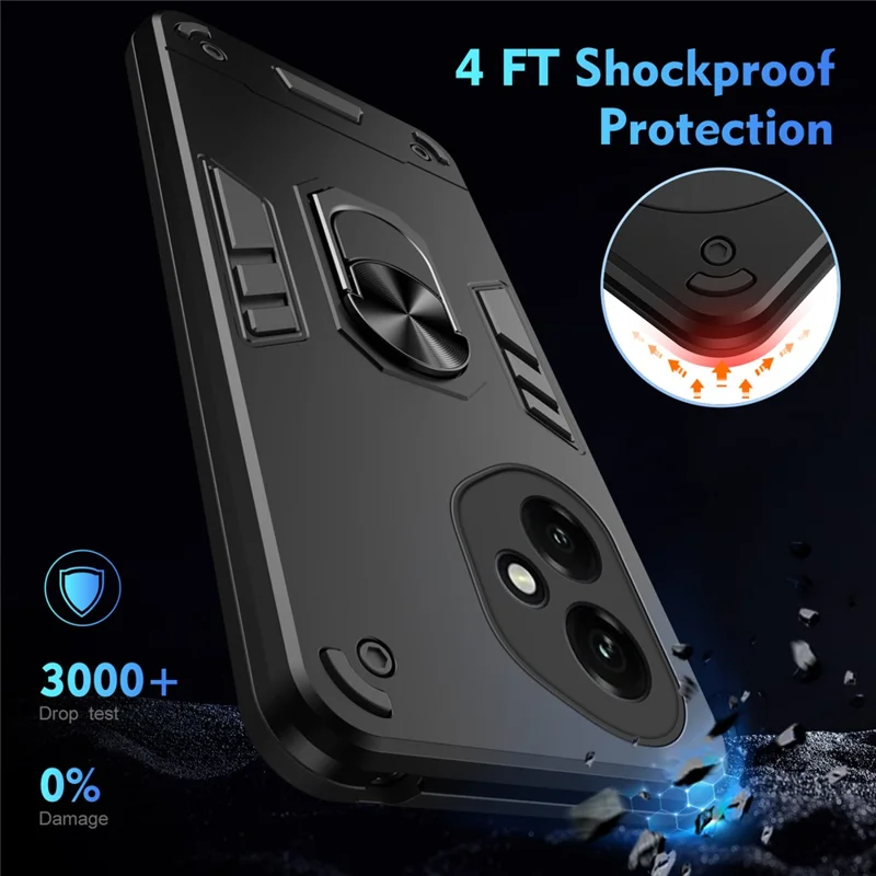 For Honor 400 5G (Global) Hülle PC + TPU Stoßfest Handyhülle mit Ringhalterung und Ständer - Schwarz