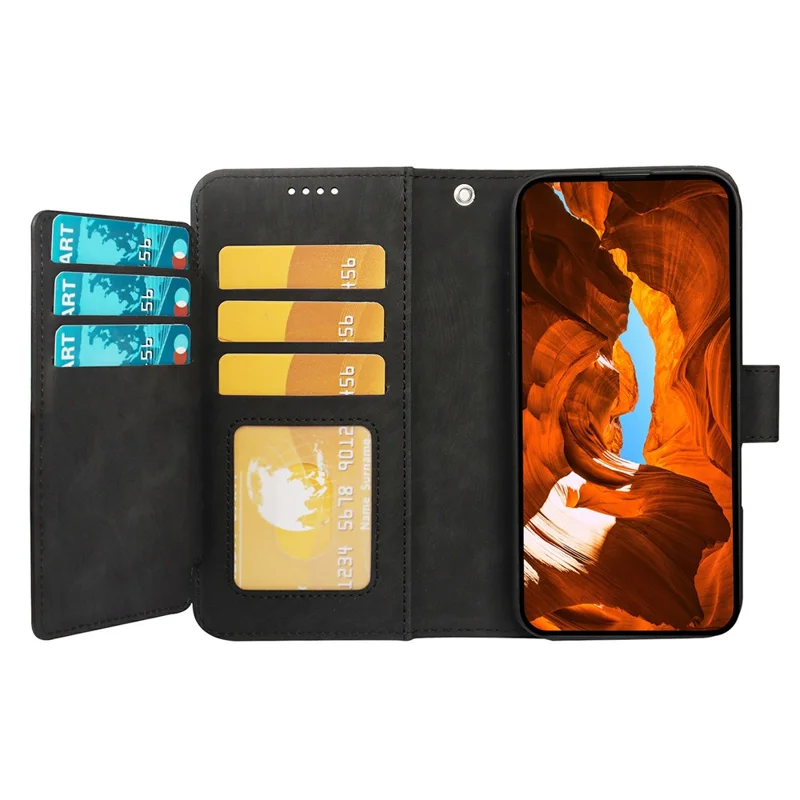 For Xiaomi 13T Leather Case Line Pattern Wallet Phone Cover with 9 Card Slots - Black