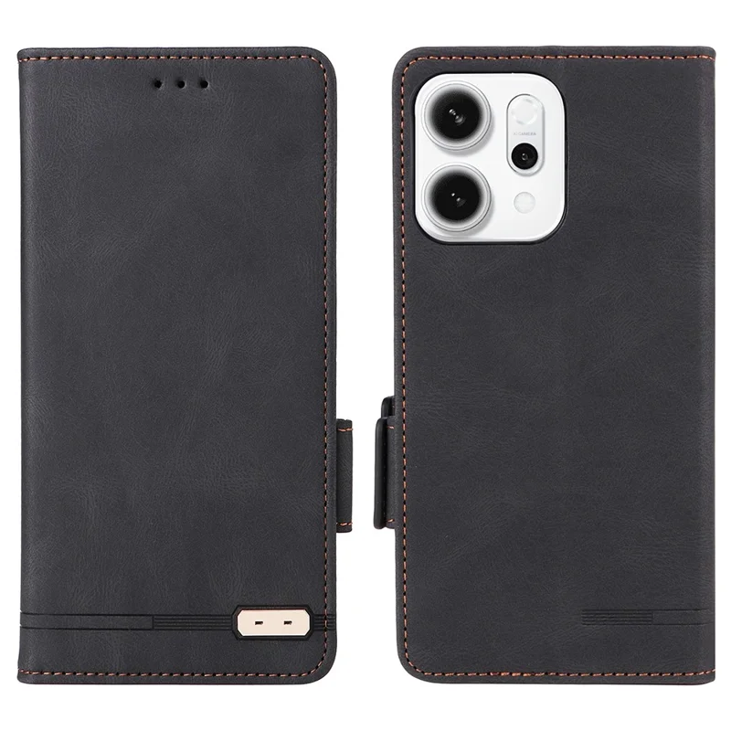 Para Oppo Reno14 5G (Global) Capa Carteira de Couro com Flip e Decoração em Hardware - Preto