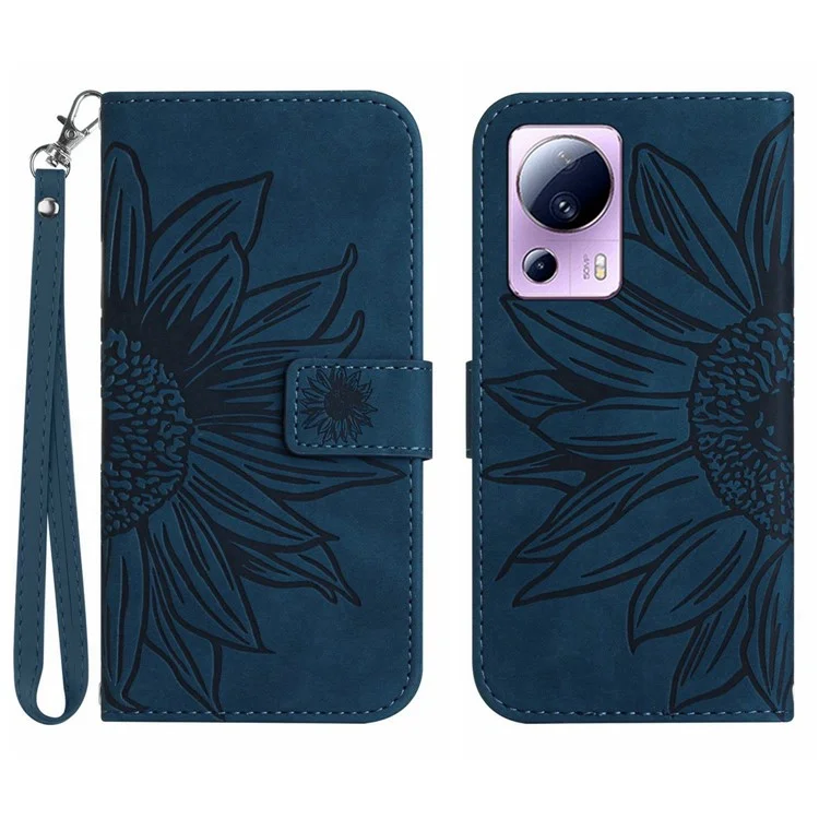 Anti-fall Cell Phone Cover For Xiaomi 12 Lite NE 5G, HT04 Imprinted Sunflower Skin-Touch Flip Leather Wallet Phone Case Stand with Hand Strap - Dark Blue