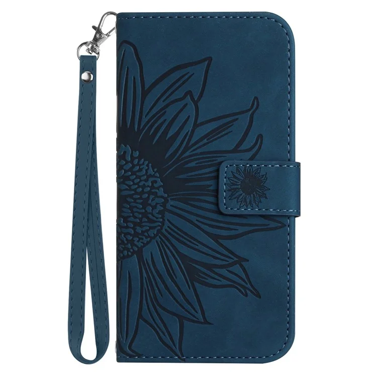 Anti-fall Cell Phone Cover For Xiaomi 12 Lite NE 5G, HT04 Imprinted Sunflower Skin-Touch Flip Leather Wallet Phone Case Stand with Hand Strap - Dark Blue