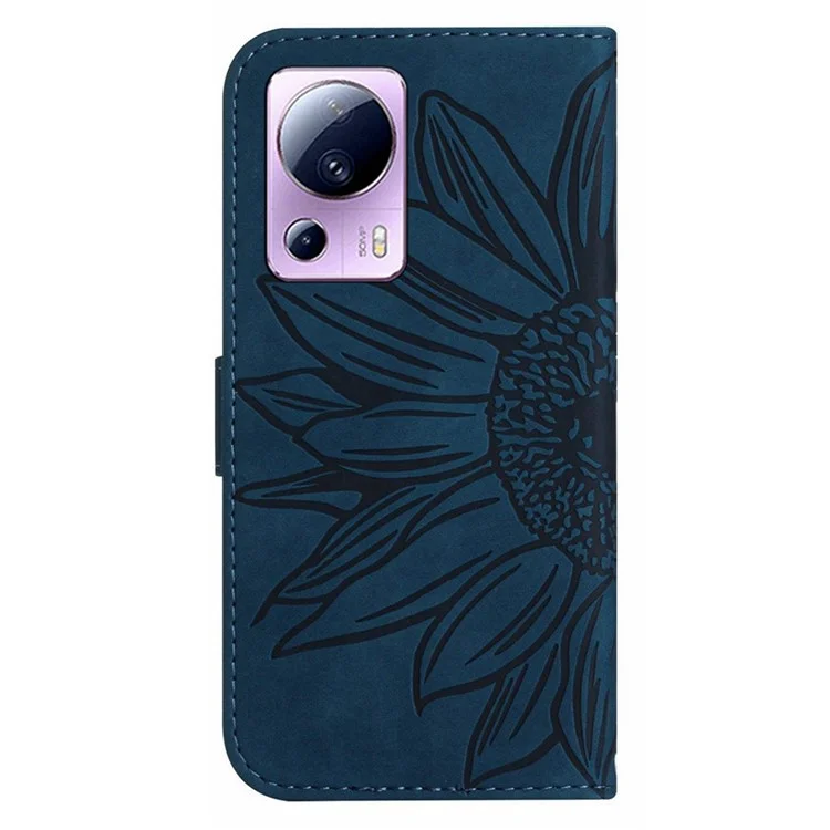 Anti-fall Cell Phone Cover For Xiaomi 12 Lite NE 5G, HT04 Imprinted Sunflower Skin-Touch Flip Leather Wallet Phone Case Stand with Hand Strap - Dark Blue
