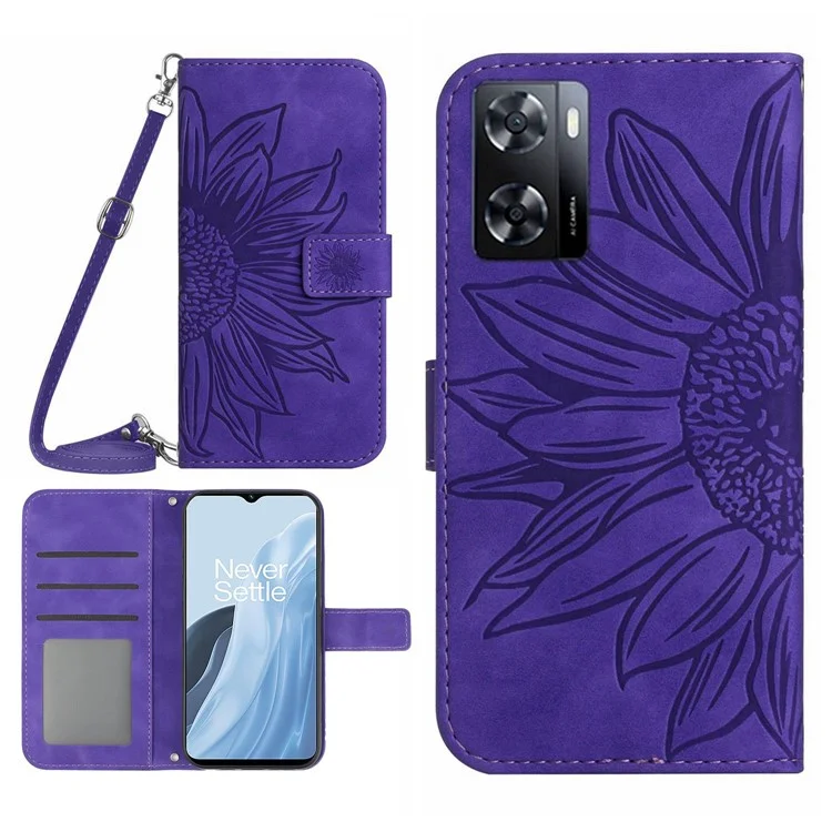 Pour OnePlus Nord N300 5G HT04 Sunlows Imprested PU Couverture Courture Court Seplique Peulle Peulle Pullet Téléphone Avec Strap - Violet Foncé