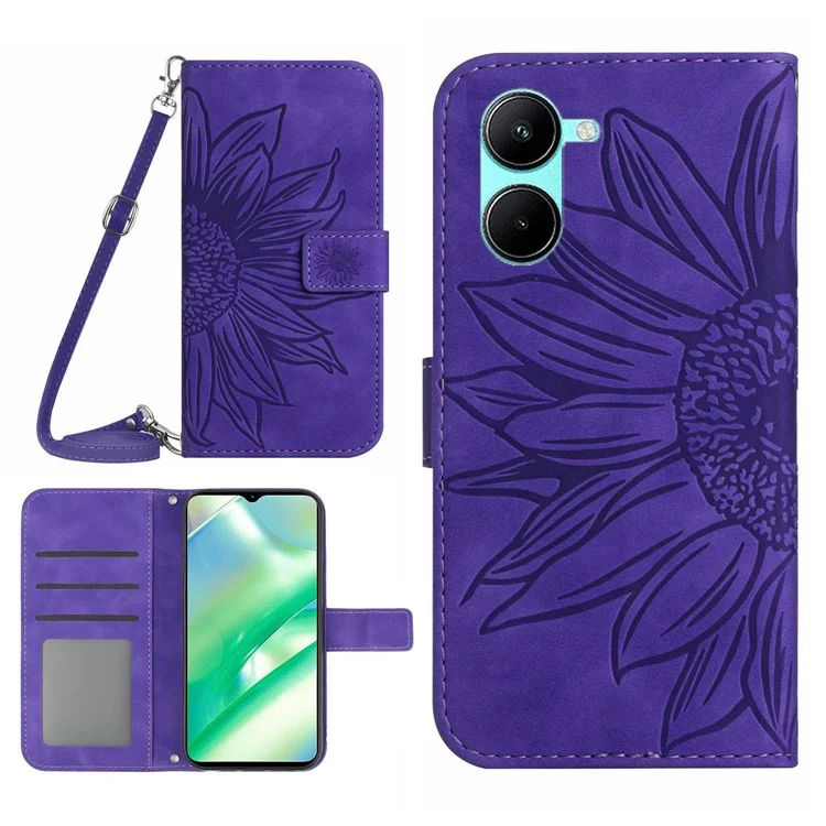 Per Realme 10 5G HT04 a Prova di Bump-touch-touch Cuoio in Pelle Custodia da Girasole Impronta Coperchio Portafoglio Pieghevole Con Spalla - Viola Scuro