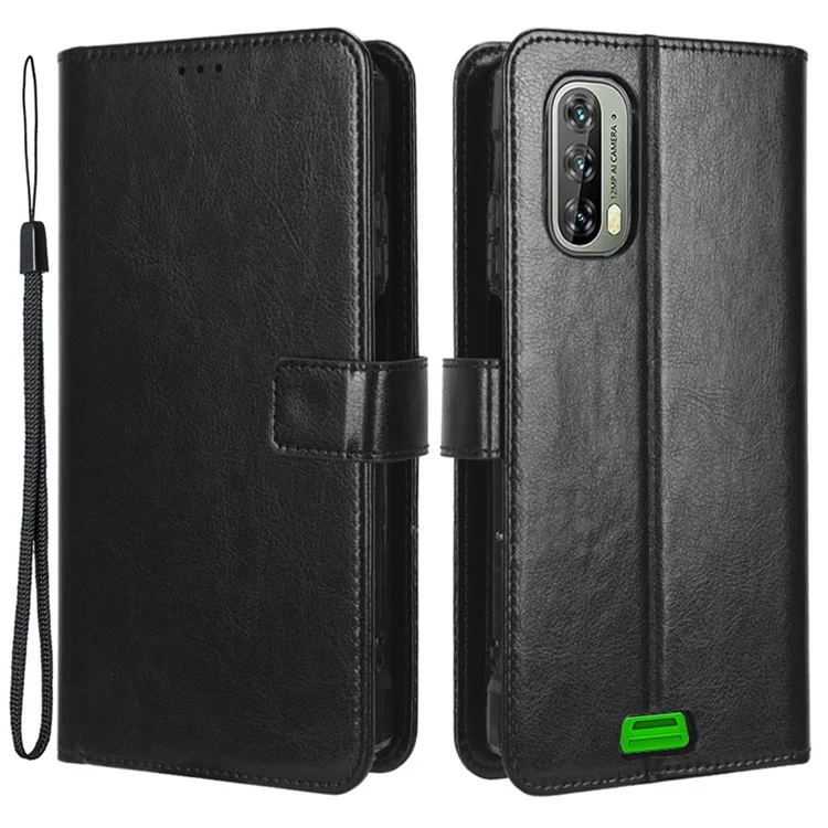 For Blackview BV7100 4G Crazy Horse Texture PU Leather Flip Wallet Case Stand Bookstyle Magnetic Protective Phone Cover with Strap - Black