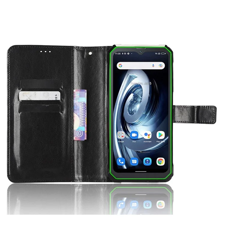For Blackview BV7100 4G Crazy Horse Texture PU Leather Flip Wallet Case Stand Bookstyle Magnetic Protective Phone Cover with Strap - Black