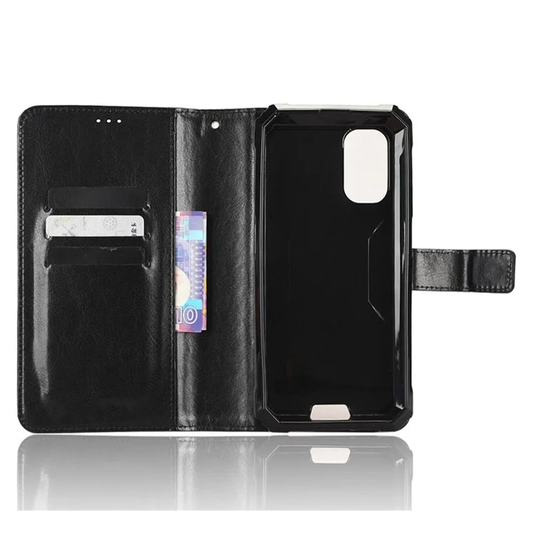 For Blackview BV7100 4G Crazy Horse Texture PU Leather Flip Wallet Case Stand Bookstyle Magnetic Protective Phone Cover with Strap - Black