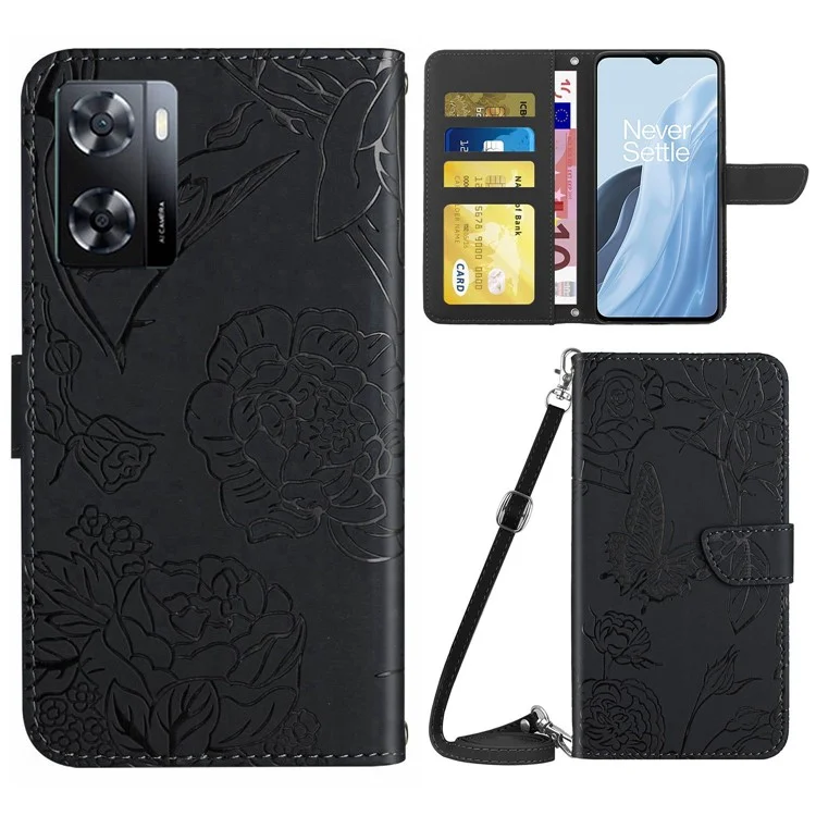 Für OnePlus Nord N300 5G HT03 Schmetterlingsblüten Eingeprägte Haut-touch-leder-telefonhülle Magnetverschluss Brieftasche Funktion Standabdeckung Mit Schultergurt - Schwarz
