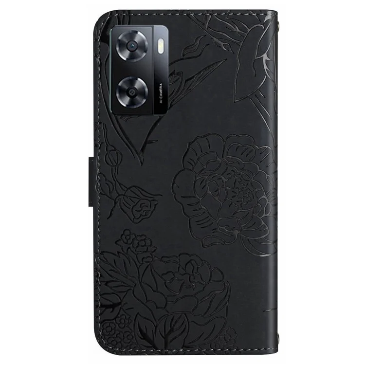 Für OnePlus Nord N300 5G HT03 Schmetterlingsblüten Eingeprägte Haut-touch-leder-telefonhülle Magnetverschluss Brieftasche Funktion Standabdeckung Mit Schultergurt - Schwarz