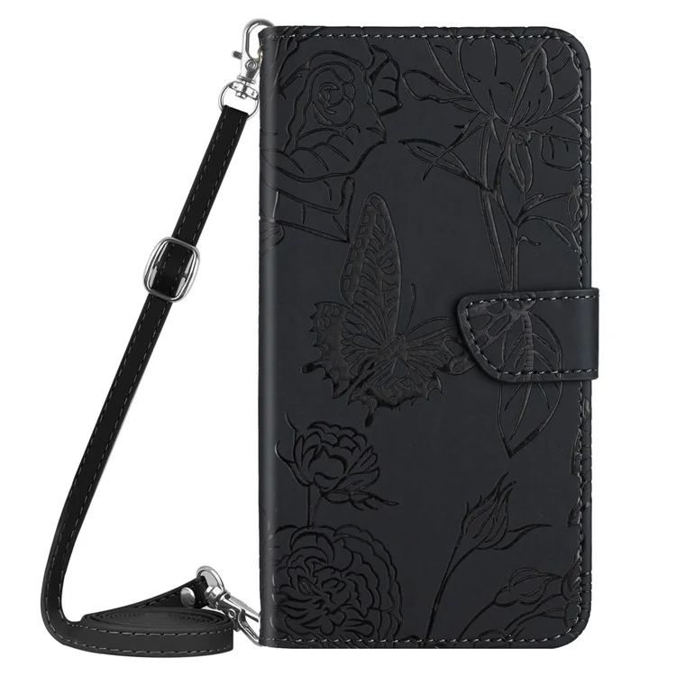 Für OnePlus Nord N300 5G HT03 Schmetterlingsblüten Eingeprägte Haut-touch-leder-telefonhülle Magnetverschluss Brieftasche Funktion Standabdeckung Mit Schultergurt - Schwarz