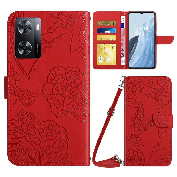 Pour OnePlus Nord N300 5G HT03 Fleurs de Papillon Imprimé Paut-touch PU Cuir Téléphone Magnétique Portefeuille Portefeuille Capre de Support Avec Sangle - Rouge