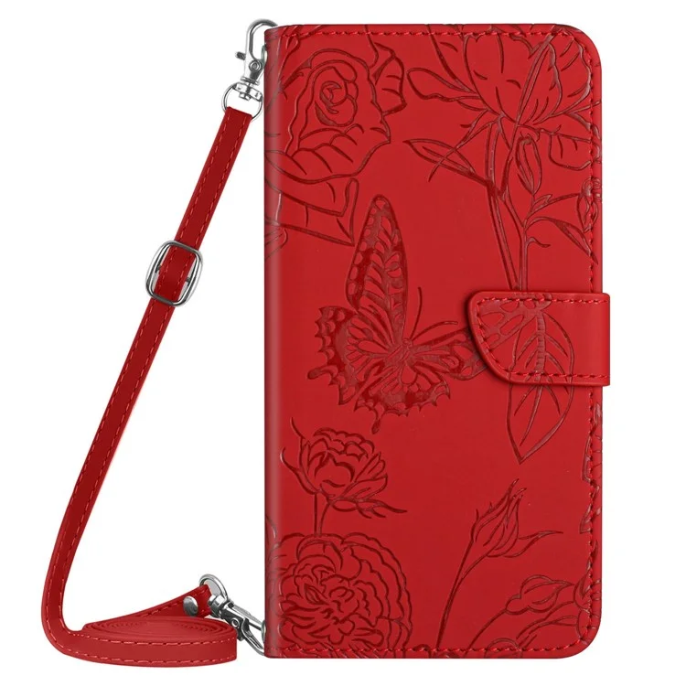 Pour OnePlus Nord N300 5G HT03 Fleurs de Papillon Imprimé Paut-touch PU Cuir Téléphone Magnétique Portefeuille Portefeuille Capre de Support Avec Sangle - Rouge