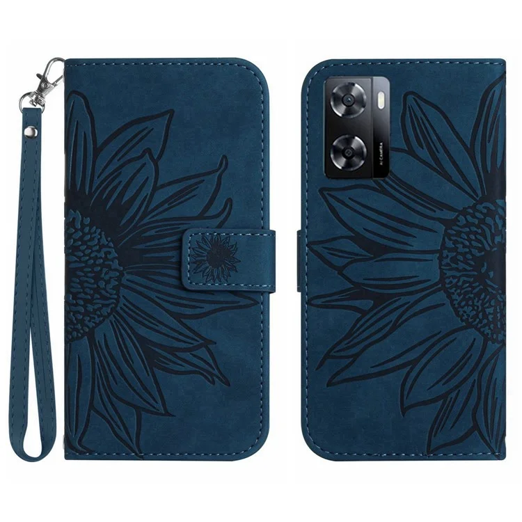 PU Leder Handyabdeckung Für OnePlus Nord N300 5G, HT04 Eingeprägter Sonnenblumenhaut-touch-drop-sof-telefonhülle Mit Handgurt - Dunkelblau