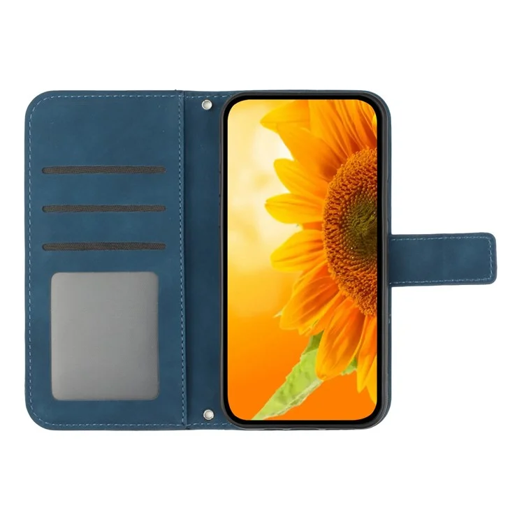 PU Leder Handyabdeckung Für OnePlus Nord N300 5G, HT04 Eingeprägter Sonnenblumenhaut-touch-drop-sof-telefonhülle Mit Handgurt - Dunkelblau