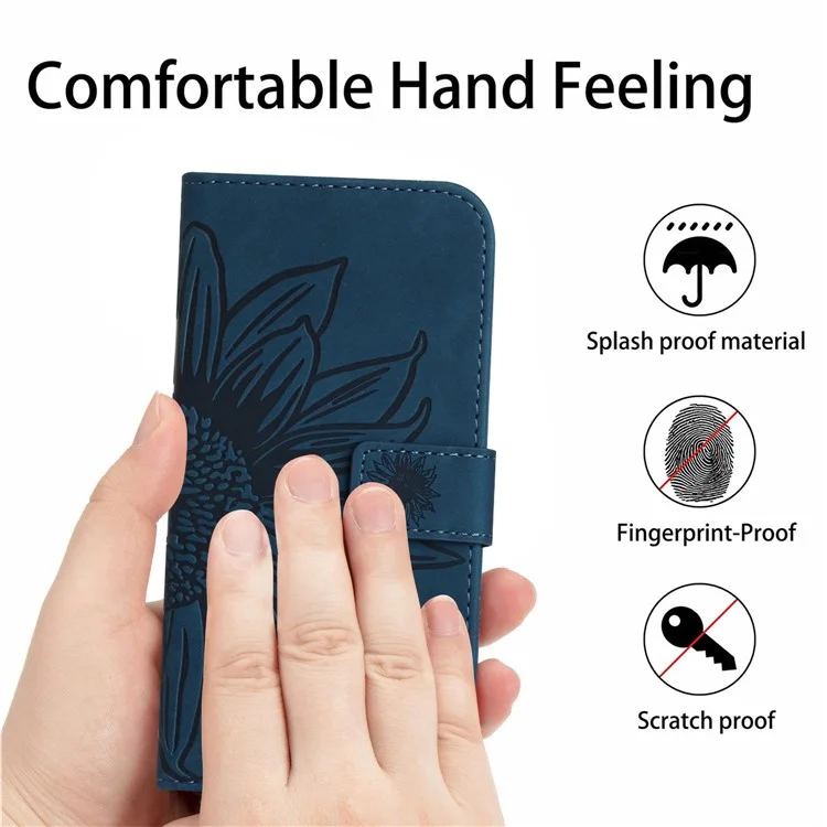 PU Leder Handyabdeckung Für OnePlus Nord N300 5G, HT04 Eingeprägter Sonnenblumenhaut-touch-drop-sof-telefonhülle Mit Handgurt - Dunkelblau