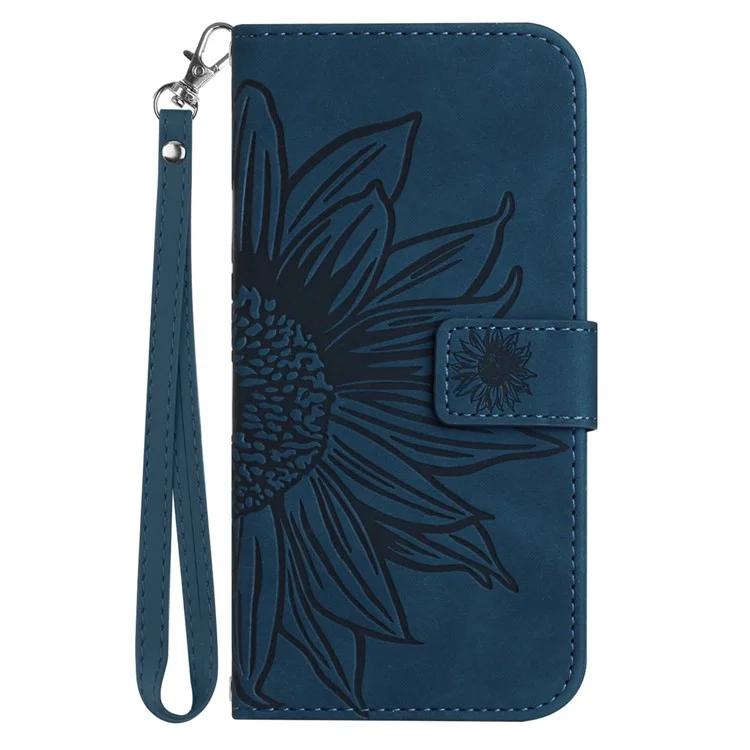 PU Leder Handyabdeckung Für OnePlus Nord N300 5G, HT04 Eingeprägter Sonnenblumenhaut-touch-drop-sof-telefonhülle Mit Handgurt - Dunkelblau