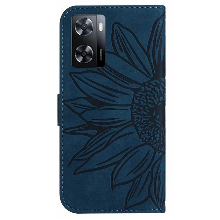 PU Leder Handyabdeckung Für OnePlus Nord N300 5G, HT04 Eingeprägter Sonnenblumenhaut-touch-drop-sof-telefonhülle Mit Handgurt - Dunkelblau