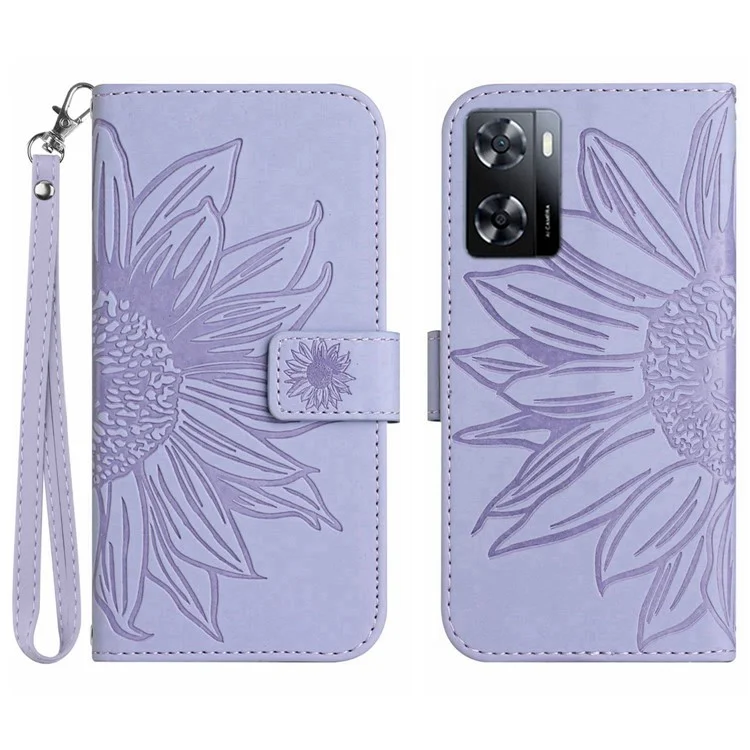 Capa de Telefone Celular de Couro PU Para OnePlus Nord N300 5G, HT04 Impressão da Capa de Telefone à Prova de Capa à Prova de Girassol HT04 Com Alça de Mão - Luz Roxa