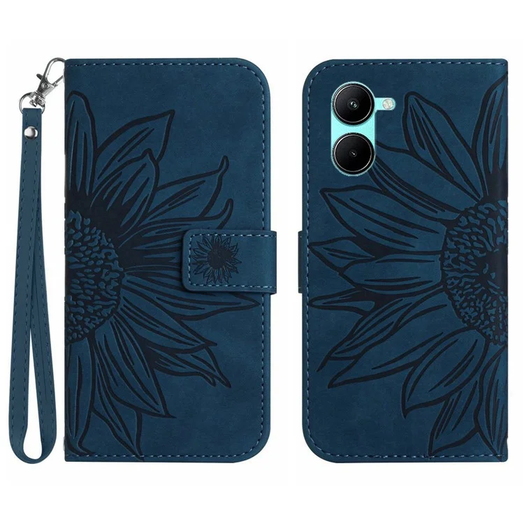 Per Realme 10 5G HT04 Skin-touch PU Coperchio Celliche Cellica in Maglio Instaglio Pferfort Polatet Custodia Per il Telefono Resistente All'usura Con Cinturino - Blu Scuro