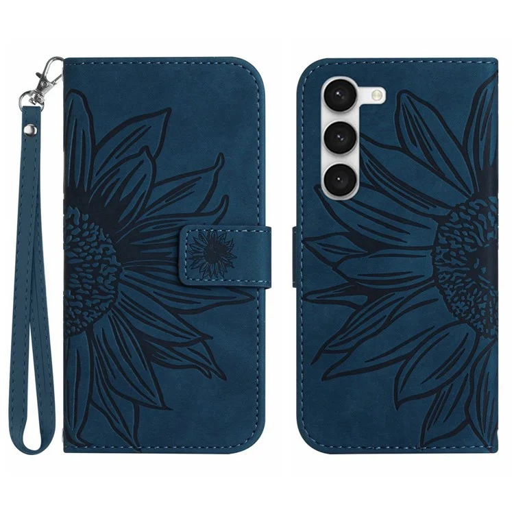 Para Samsung Galaxy S23 Más HT04 Flip Willet Cover de la Billetera de la Piel Imprimida la Caja Del Teléfono Resistente a Los Girasol Resistente Con Correa Para la Mano - Azul Oscuro