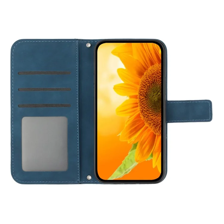 Para Samsung Galaxy S23 Más HT04 Flip Willet Cover de la Billetera de la Piel Imprimida la Caja Del Teléfono Resistente a Los Girasol Resistente Con Correa Para la Mano - Azul Oscuro