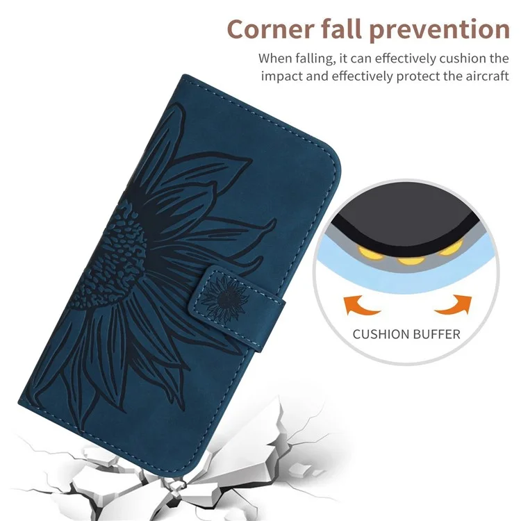 Para Samsung Galaxy S23 Más HT04 Flip Willet Cover de la Billetera de la Piel Imprimida la Caja Del Teléfono Resistente a Los Girasol Resistente Con Correa Para la Mano - Azul Oscuro