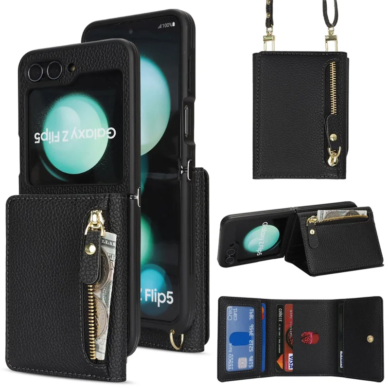 Étui pour Samsung Galaxy Z Flip5 5G avec Porte-Cartes, Support, Texture de Cuir Grainé, Housse de Téléphone en PU et TPU avec Lanière Longue - Noir
