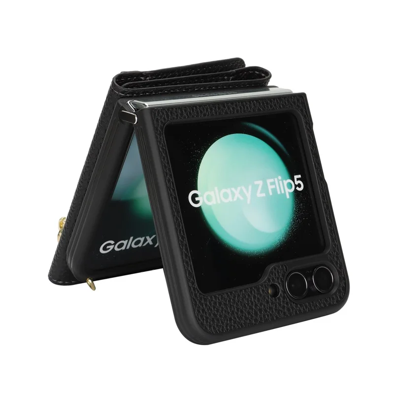 Étui pour Samsung Galaxy Z Flip5 5G avec Porte-Cartes, Support, Texture de Cuir Grainé, Housse de Téléphone en PU et TPU avec Lanière Longue - Noir