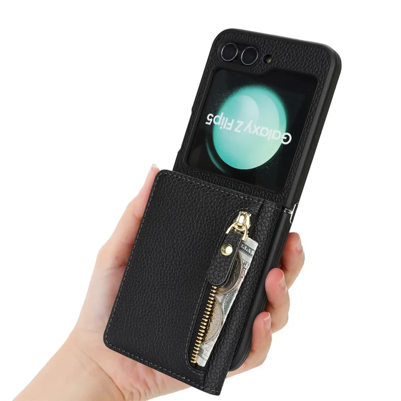 Étui pour Samsung Galaxy Z Flip5 5G avec Porte-Cartes, Support, Texture de Cuir Grainé, Housse de Téléphone en PU et TPU avec Lanière Longue - Noir