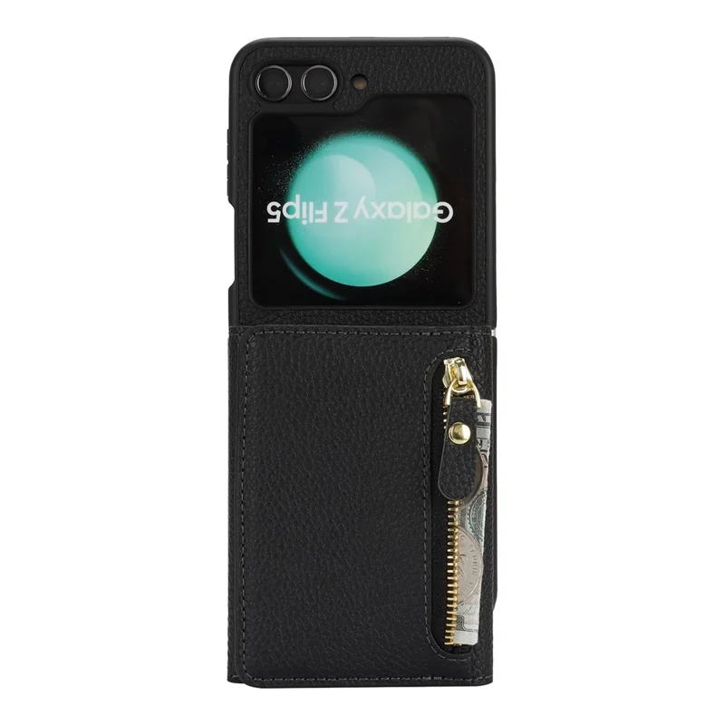 Étui pour Samsung Galaxy Z Flip5 5G avec Porte-Cartes, Support, Texture de Cuir Grainé, Housse de Téléphone en PU et TPU avec Lanière Longue - Noir