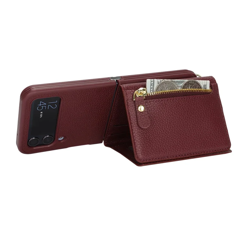 Cover per Samsung Galaxy Z Flip4 5G con Porta Carte, Supporto, Texture Effetto Pelle, Custodia in PU e TPU con Cinghia Lunga - Rosso Vino