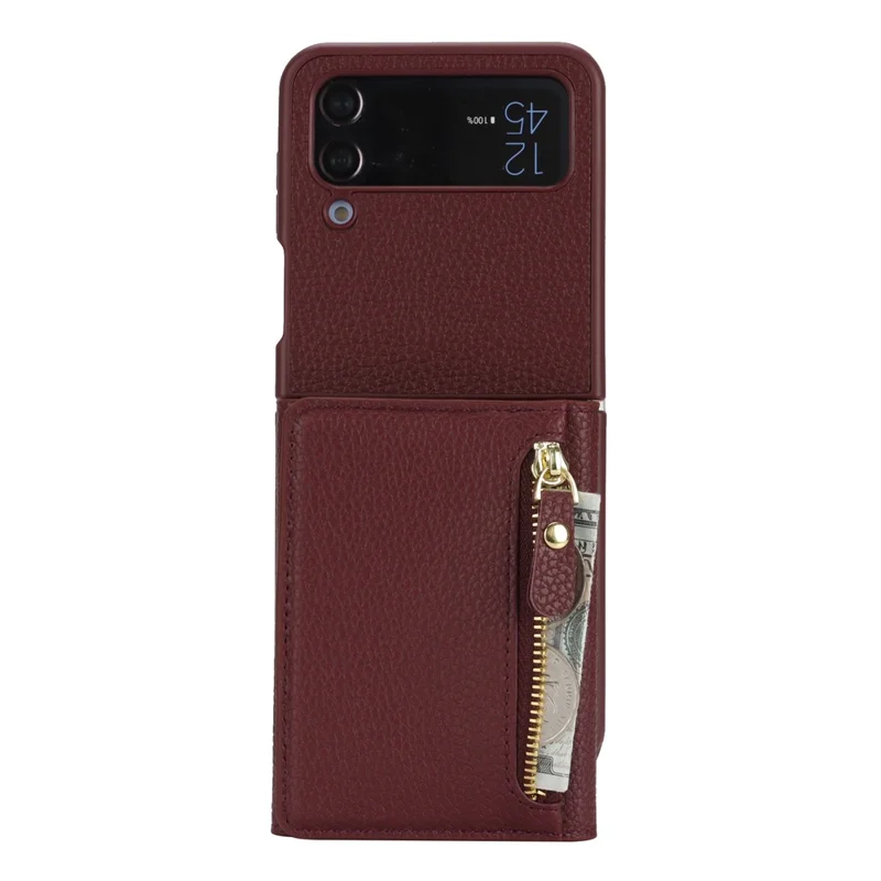 Cover per Samsung Galaxy Z Flip4 5G con Porta Carte, Supporto, Texture Effetto Pelle, Custodia in PU e TPU con Cinghia Lunga - Rosso Vino