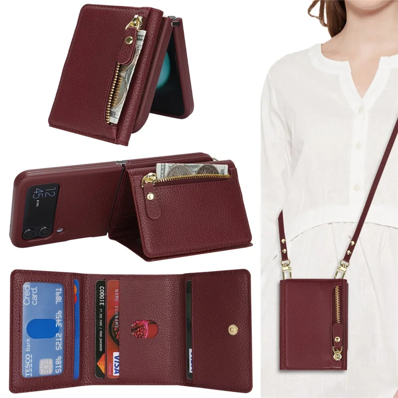 Cover per Samsung Galaxy Z Flip4 5G con Porta Carte, Supporto, Texture Effetto Pelle, Custodia in PU e TPU con Cinghia Lunga - Rosso Vino