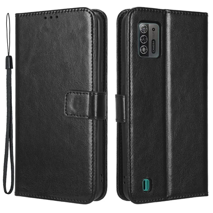 Para ZTE Blade A52 Lite 4G PU Leather Crazy Horse Texture Phone Cover Willet Stand TPU Interior Protective Con Correa - Negro