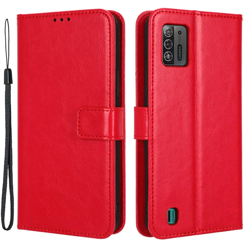 Para ZTE Blade A52 Lite 4G PU Leather Crazy Horse Texture Phone Cover Willet Stand TPU Interior Protective Con Correa - Rojo