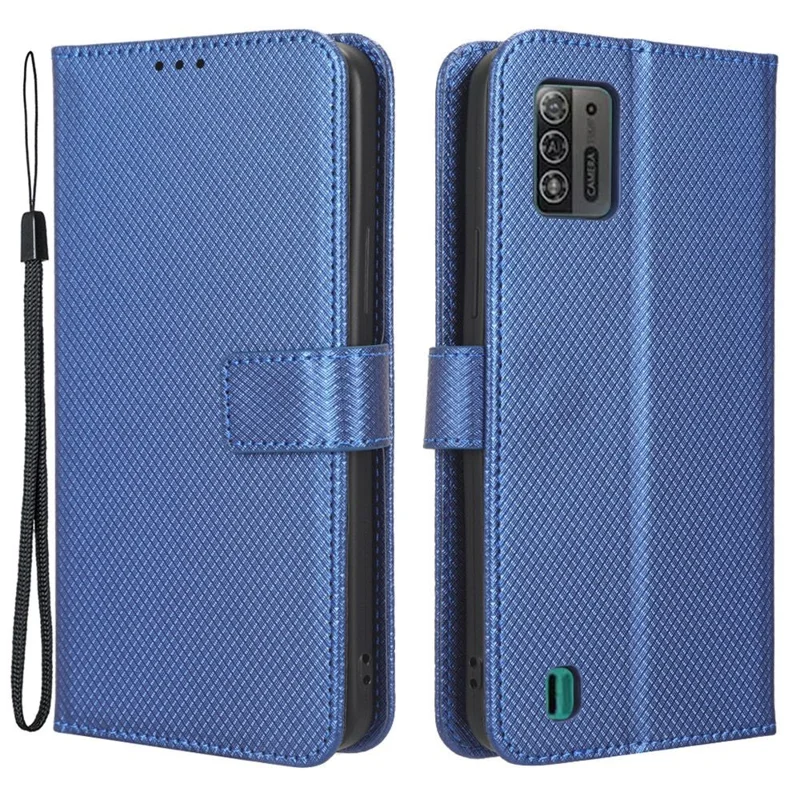 For ZTE Blade A52 Lite 4G Diamond Texture PU Leather Wallet Phone Case Stand Design Full-Body Protective Cover with Strap - Blue