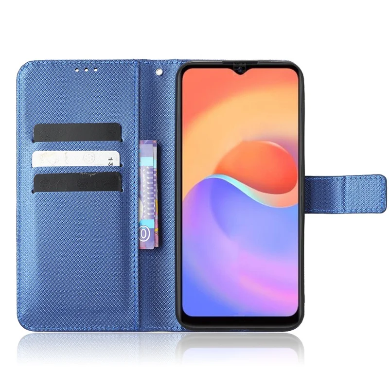 For ZTE Blade A52 Lite 4G Diamond Texture PU Leather Wallet Phone Case Stand Design Full-Body Protective Cover with Strap - Blue