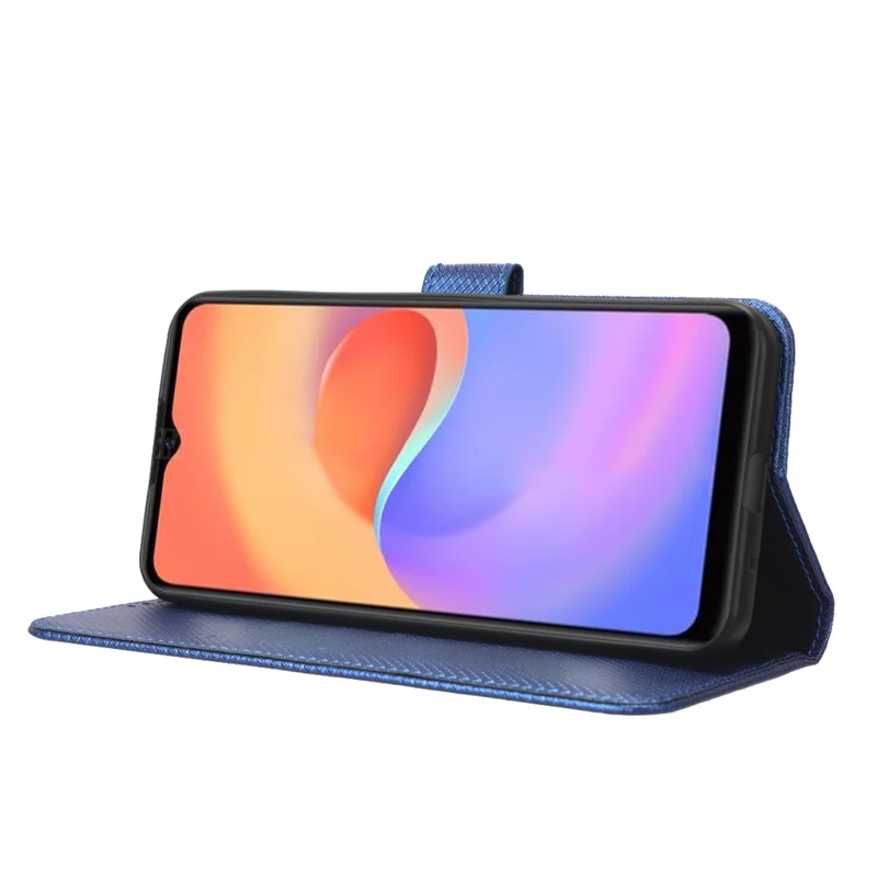 For ZTE Blade A52 Lite 4G Diamond Texture PU Leather Wallet Phone Case Stand Design Full-Body Protective Cover with Strap - Blue