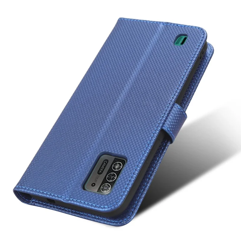 For ZTE Blade A52 Lite 4G Diamond Texture PU Leather Wallet Phone Case Stand Design Full-Body Protective Cover with Strap - Blue