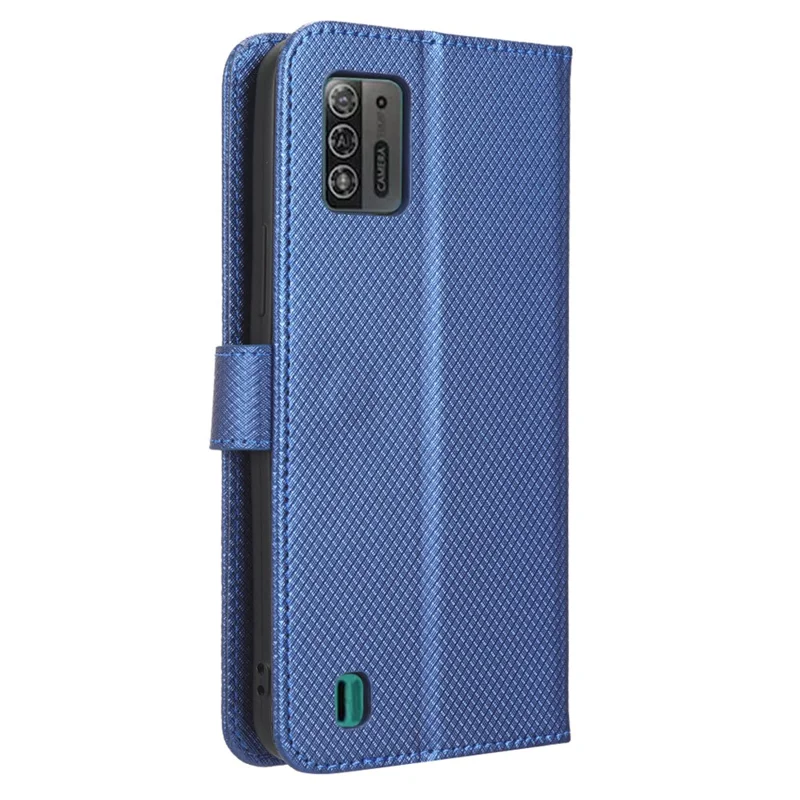 For ZTE Blade A52 Lite 4G Diamond Texture PU Leather Wallet Phone Case Stand Design Full-Body Protective Cover with Strap - Blue