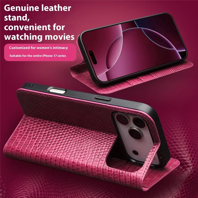 QIALINO For iPhone 17 Pro Max Wallet Case Crocodile Texture Genuine Cow Leather Anti-Drop Phone Cover