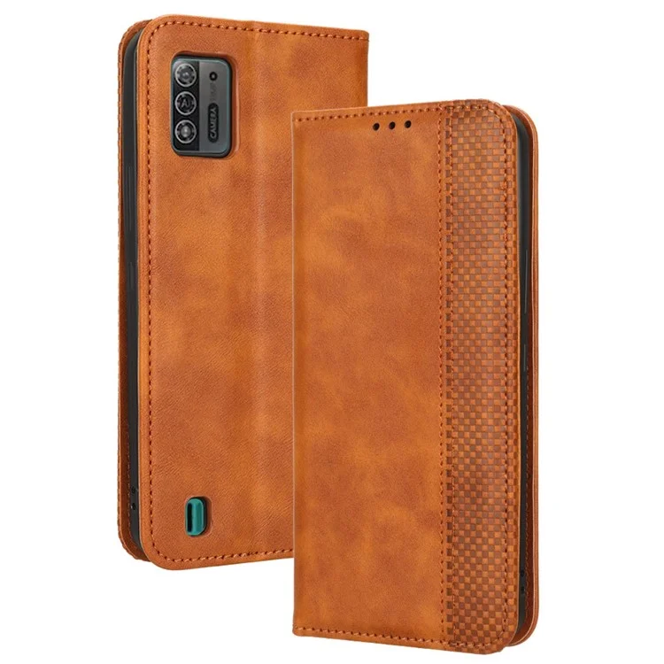 Pour ZTE Blade A52 Lite 4G Modèle Imprimé Portefeuille Portefeuille Texture Retro Texture PU le Cuir Magnétique Auto-absorbed Stand Protective Cover - Brun