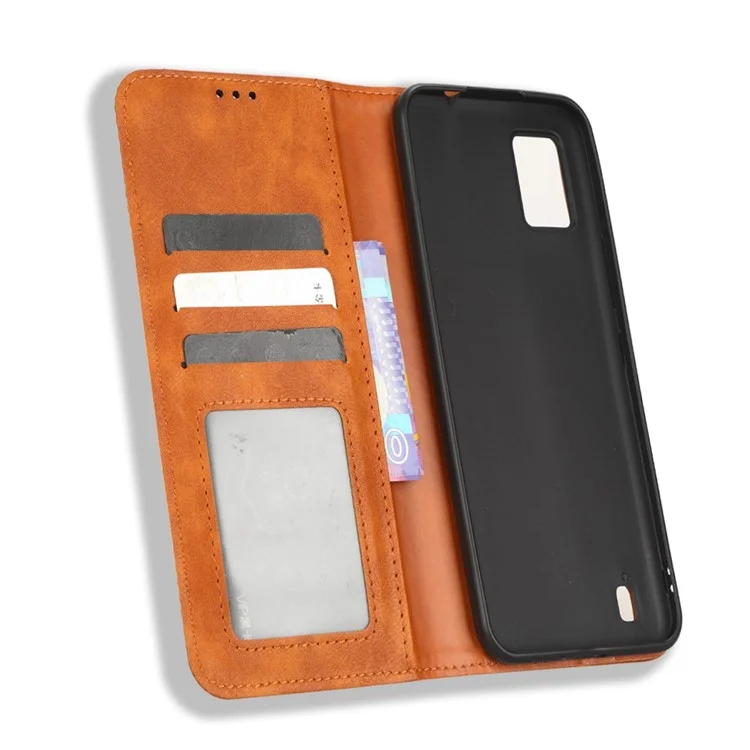 Pour ZTE Blade A52 Lite 4G Modèle Imprimé Portefeuille Portefeuille Texture Retro Texture PU le Cuir Magnétique Auto-absorbed Stand Protective Cover - Brun