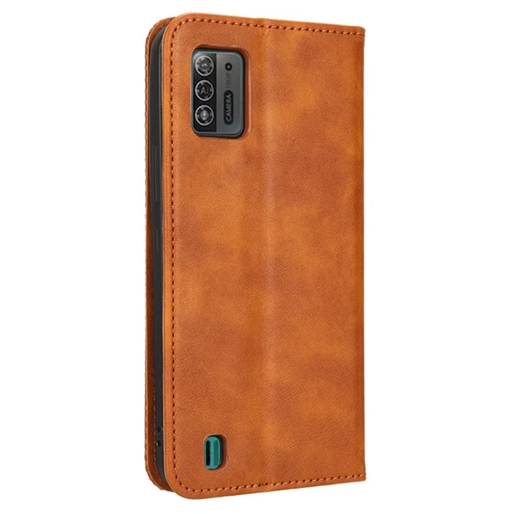 Pour ZTE Blade A52 Lite 4G Modèle Imprimé Portefeuille Portefeuille Texture Retro Texture PU le Cuir Magnétique Auto-absorbed Stand Protective Cover - Brun
