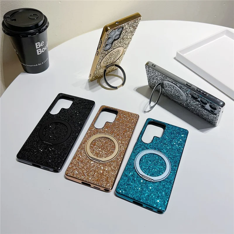 For Samsung Galaxy S25 Ultra Magnetic Case with Kickstand Glitter Electroplated TPU + PC Phone Cover - Black