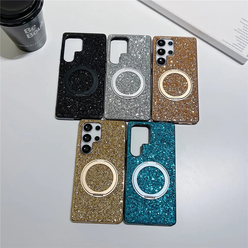 For Samsung Galaxy S25 Ultra Magnetic Case with Kickstand Glitter Electroplated TPU + PC Phone Cover - Black