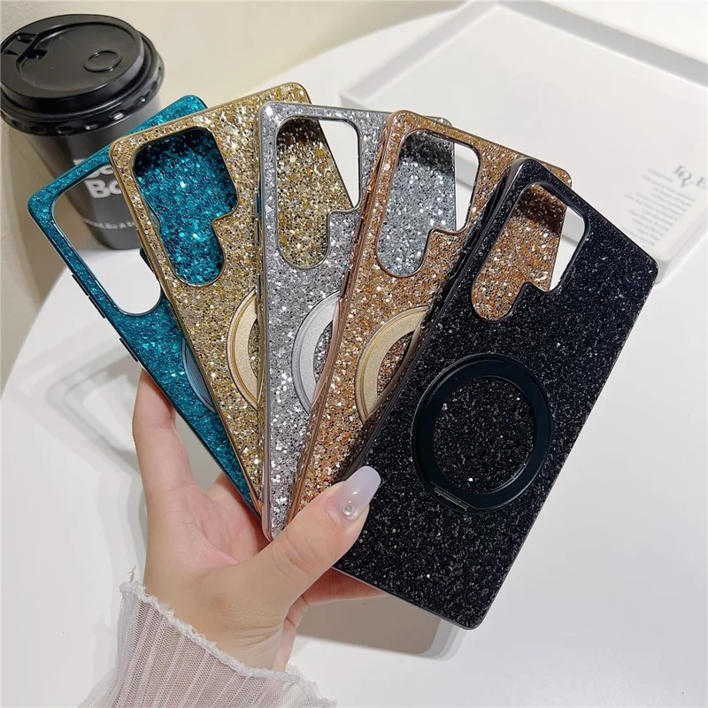 For Samsung Galaxy S25 Ultra Magnetic Case with Kickstand Glitter Electroplated TPU + PC Phone Cover - Black