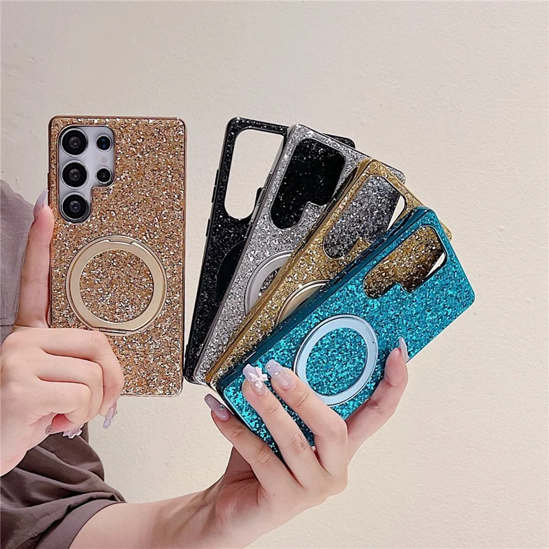 For Samsung Galaxy S25 Ultra Magnetic Case with Kickstand Glitter Electroplated TPU + PC Phone Cover - Black