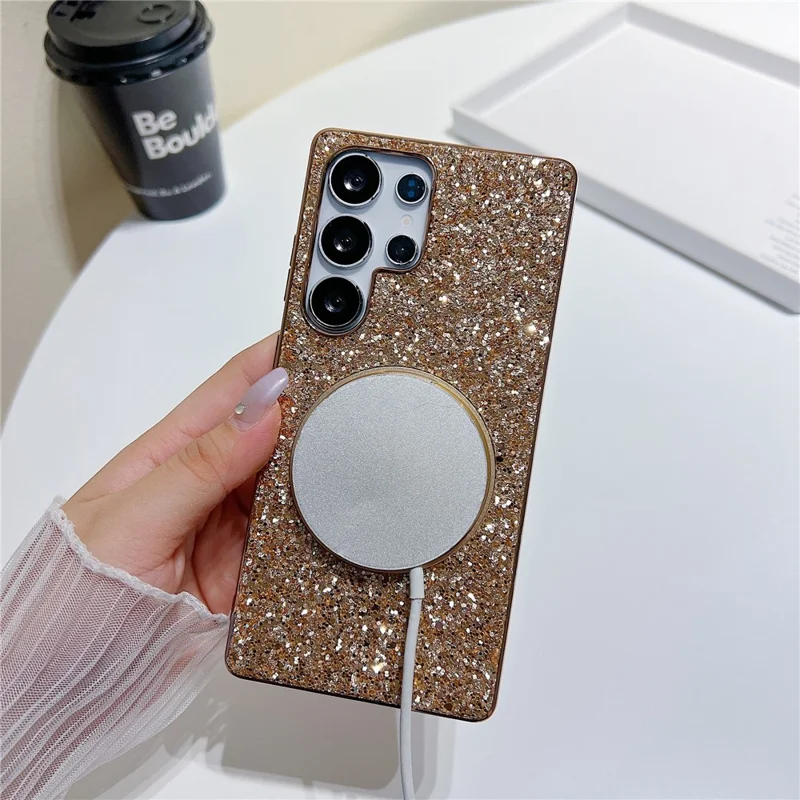 For Samsung Galaxy S25 Ultra Magnetic Case with Kickstand Glitter Electroplated TPU + PC Phone Cover - Black